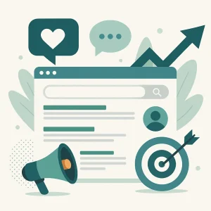 Illustration représentant l’interaction entre le SEO et les réseaux sociaux, avec un graphique de croissance, un écran d’ordinateur et des icônes sociales.