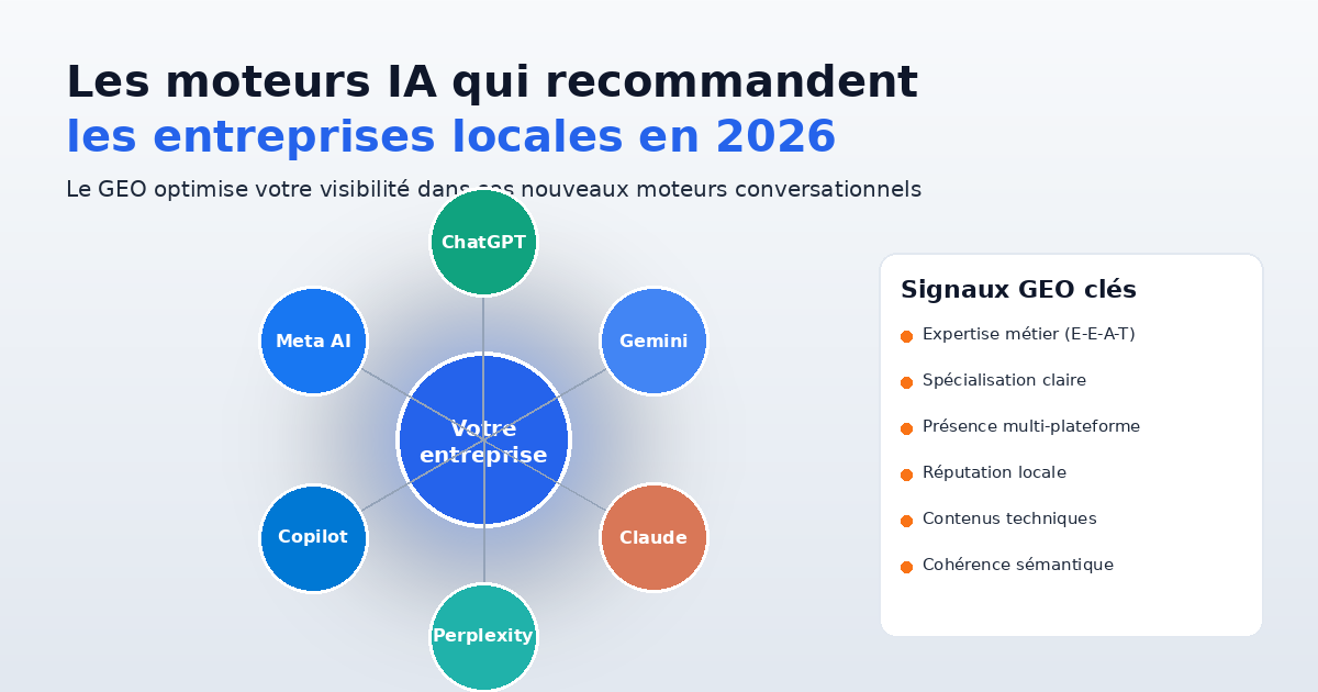 Moteurs IA conversationnels et signaux GEO Écosystème des moteurs IA conversationnels - ChatGPT Gemini Claude Perplexity Copilot Meta AI et signaux GEO