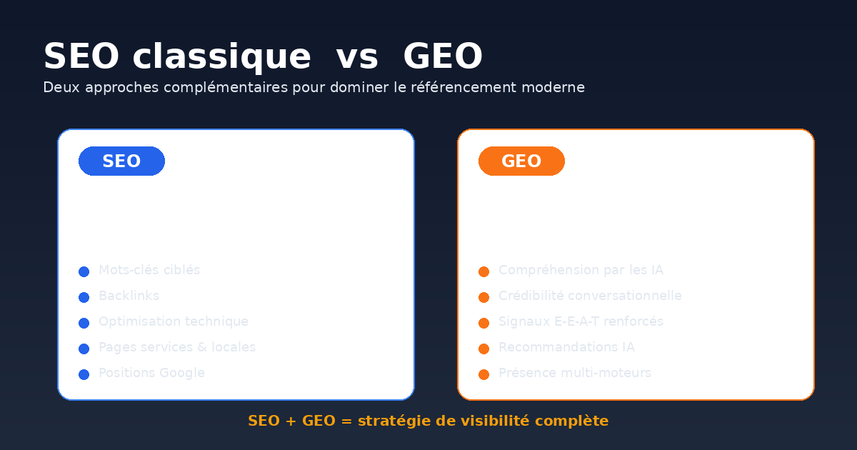 SEO vs GEO comparatif référencement Comparatif SEO classique vs GEO Generative Engine Optimization - les deux approches du référencement moderne