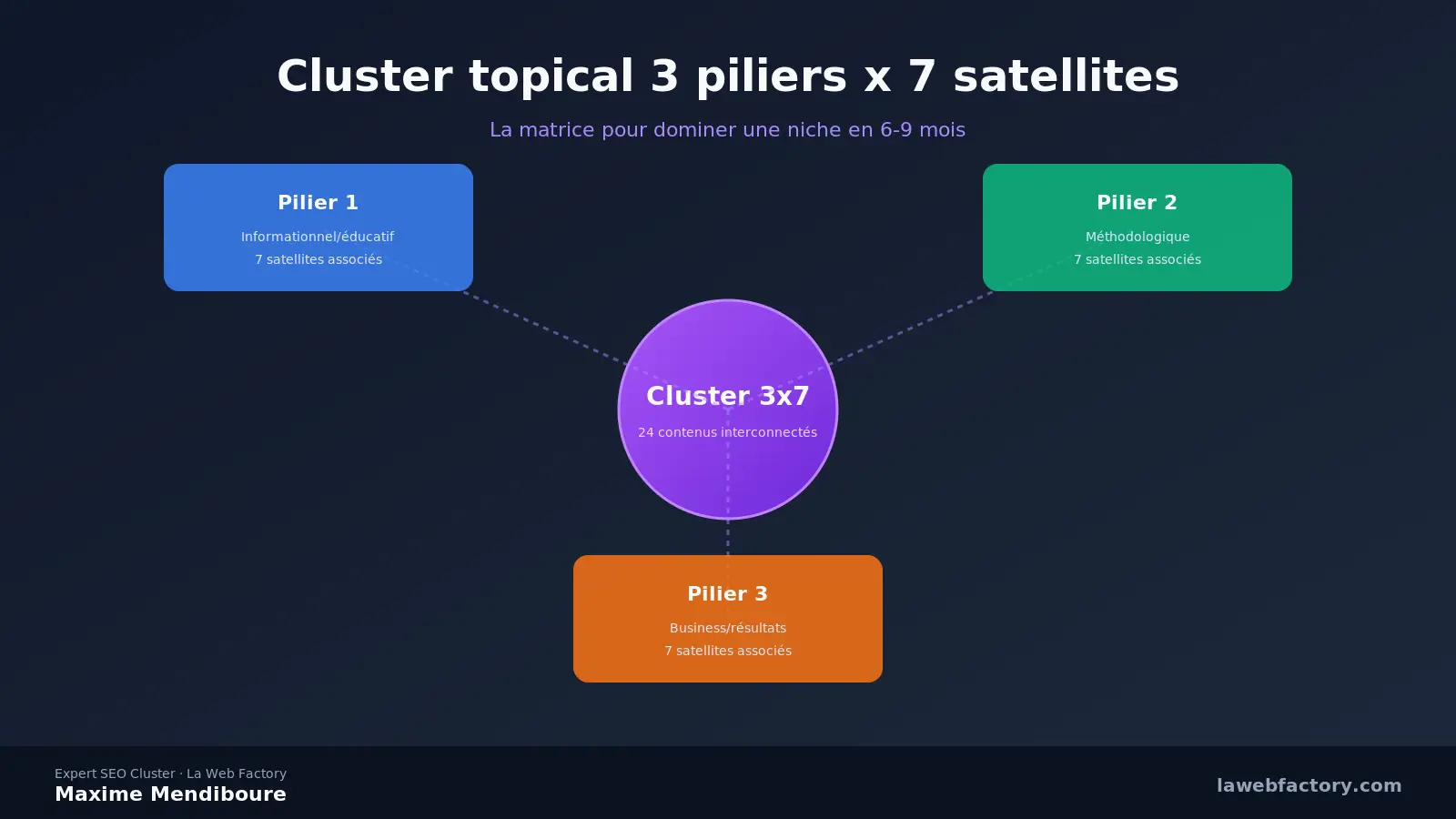 Cluster topical d'autorité : matrice 3 piliers x 7 satellites