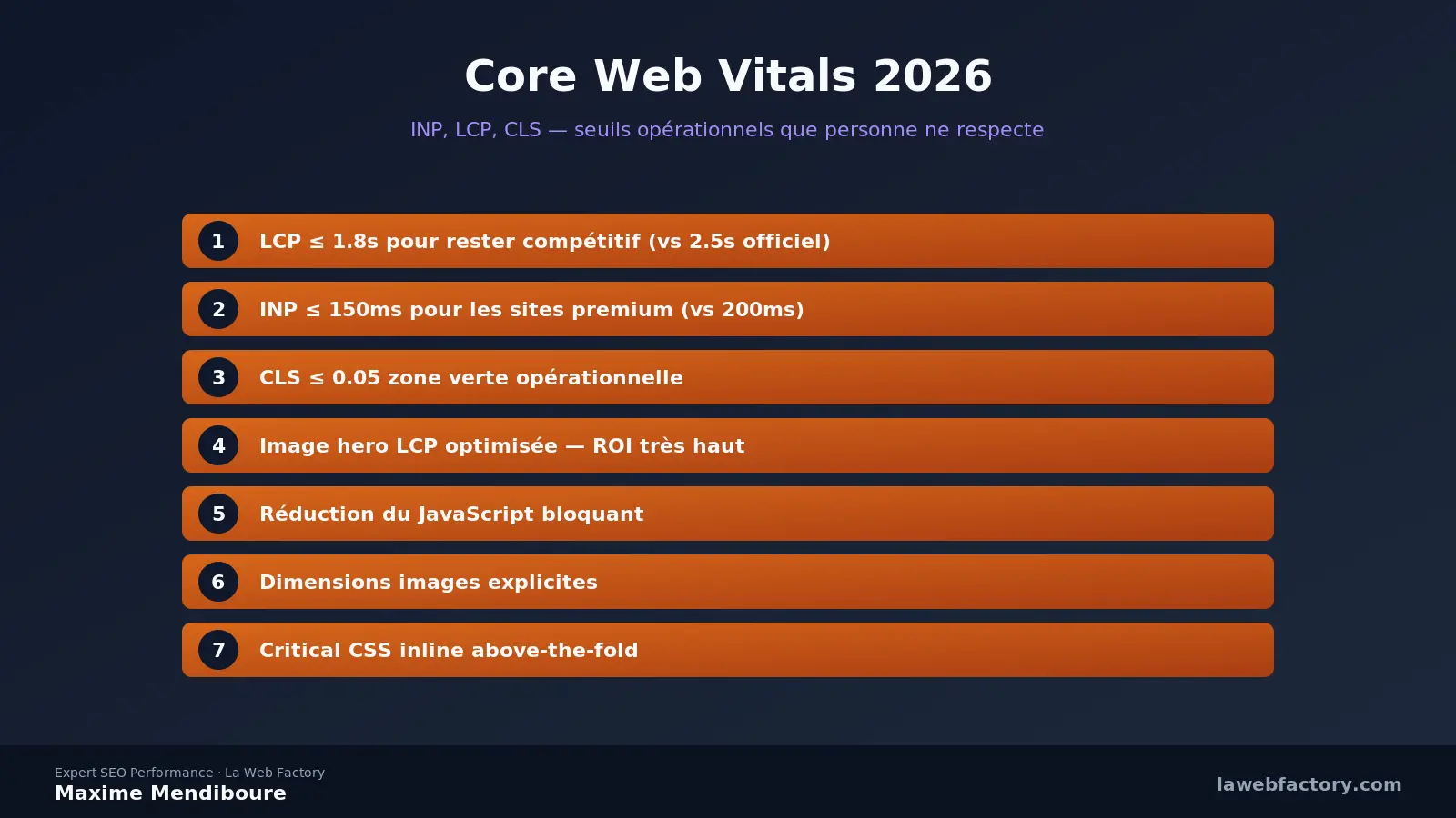 Core Web Vitals 2026 : INP, LCP, CLS — seuils opérationnels