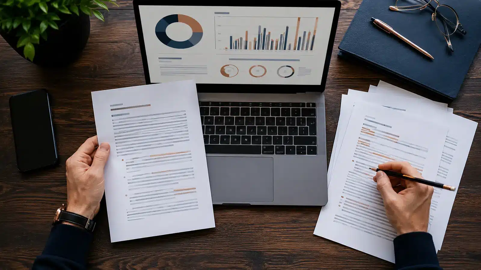 Main désignant une ligne d’un rapport de suivi imprimé, posé à côté d’un ordinateur affichant des tableaux de bord de performance