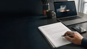 Consultant feuilletant un dossier contractuel imprimé devant son ordinateur portable dans un bureau bleu nuit